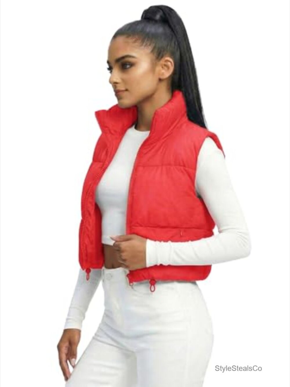 Lightweight Puffer Vest with High Collar, Adjustable Hem, Sleeveless Crop Gilet - Picture 3 of 7